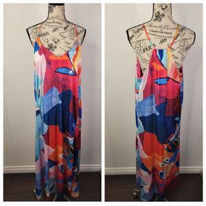 Nicole Miller New York Maxi Slip Dress Womens Large Watercolor printed Satin
